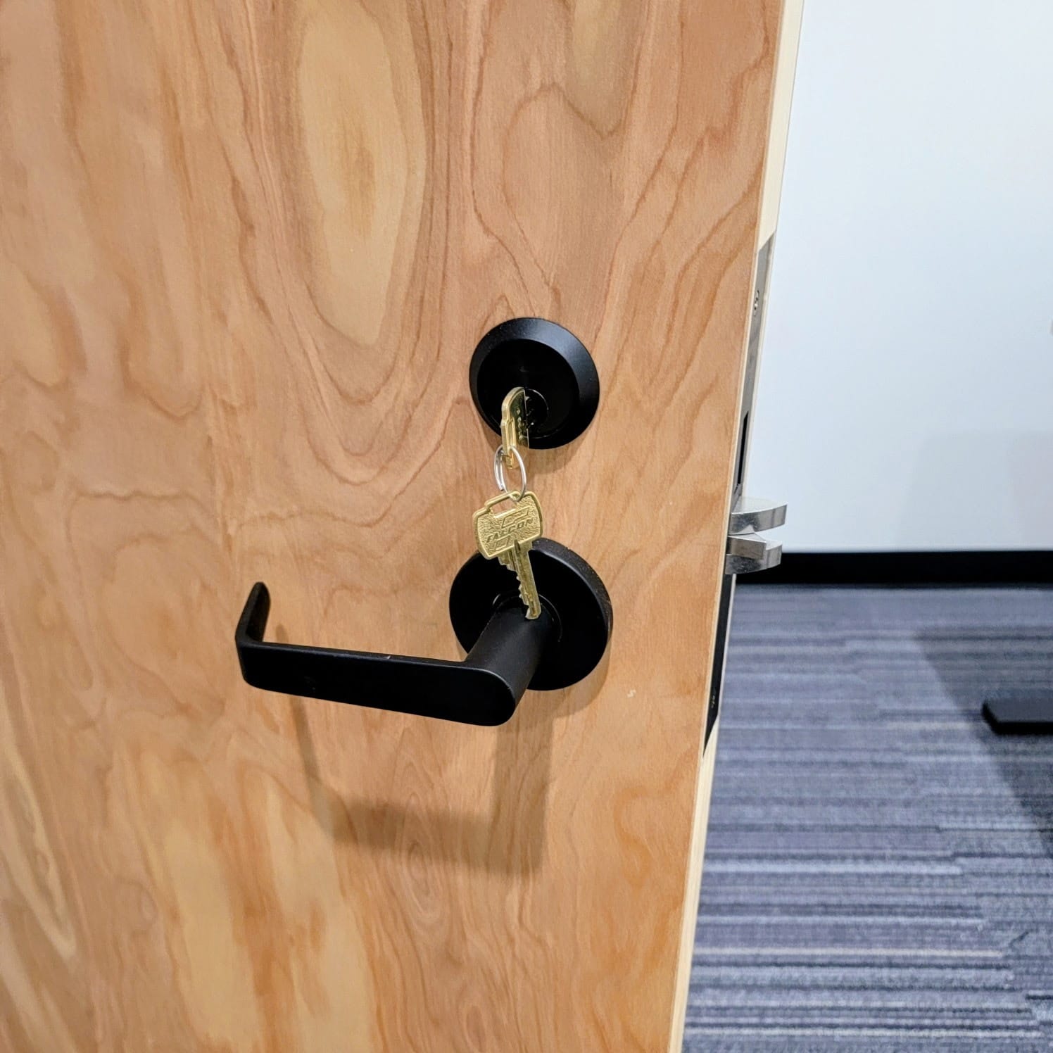 Falcon commercial lever lock with master keys installed
