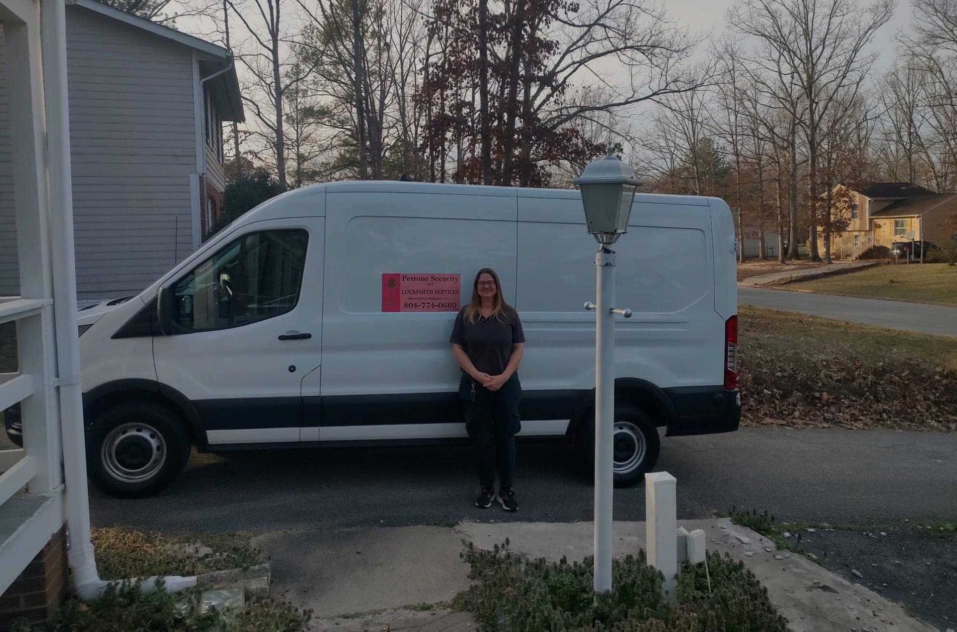 Mary Petrone arriving for residential locksmith service in Virginia